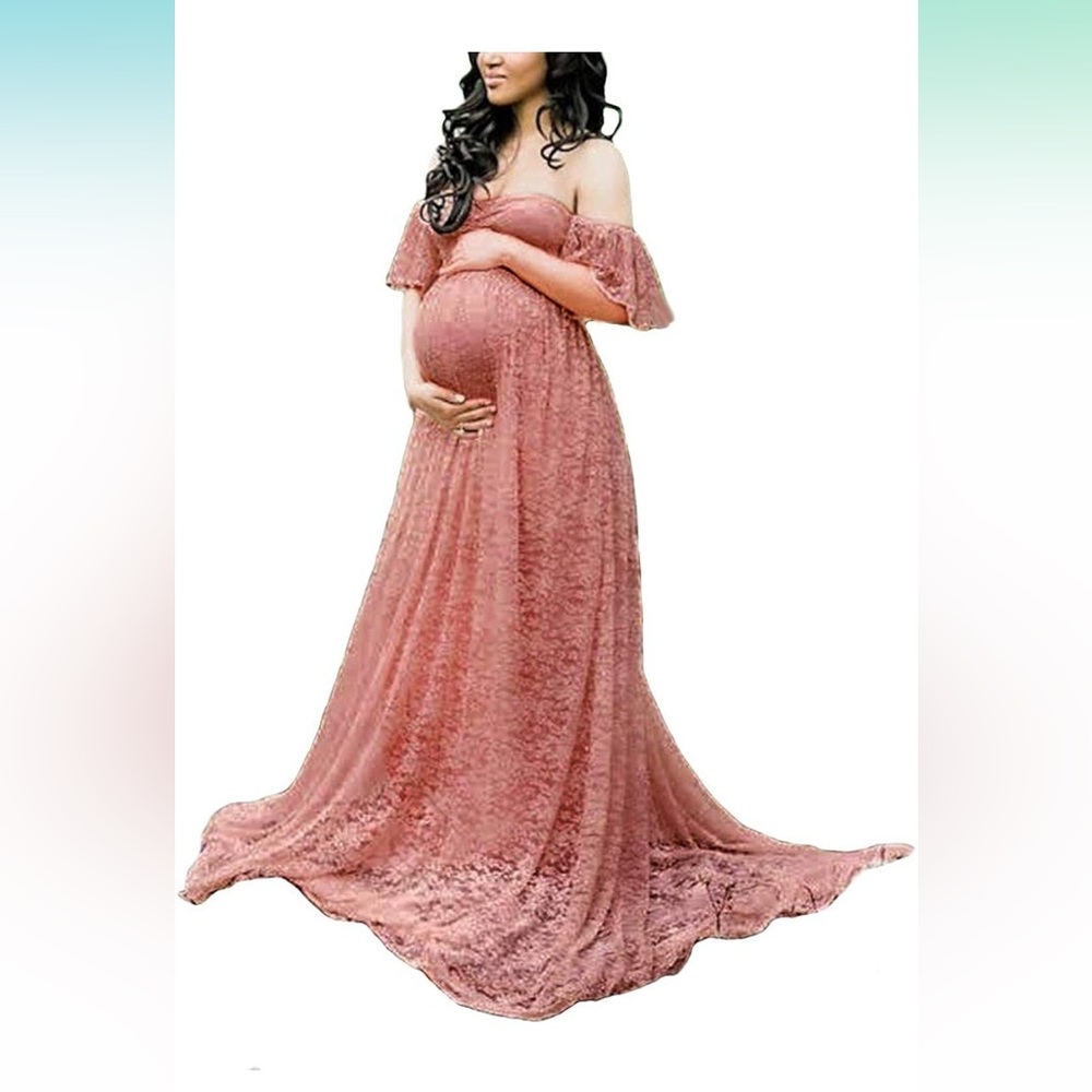 Maternity Floral Lace Dress Fancy Pregnancy Gown for Baby Shower Photo Shoot